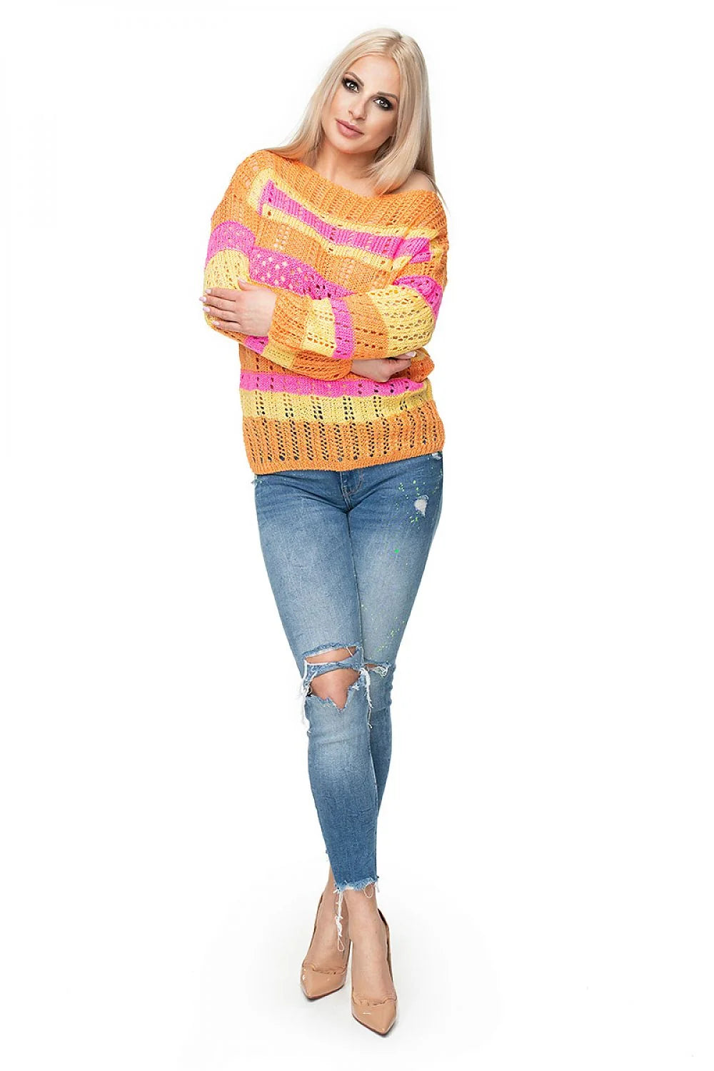 Pullover féminin maille ajourée rayures colorées orange rose jaune manches longues col rond coupe ample maille respirante vêtement mode été printemps