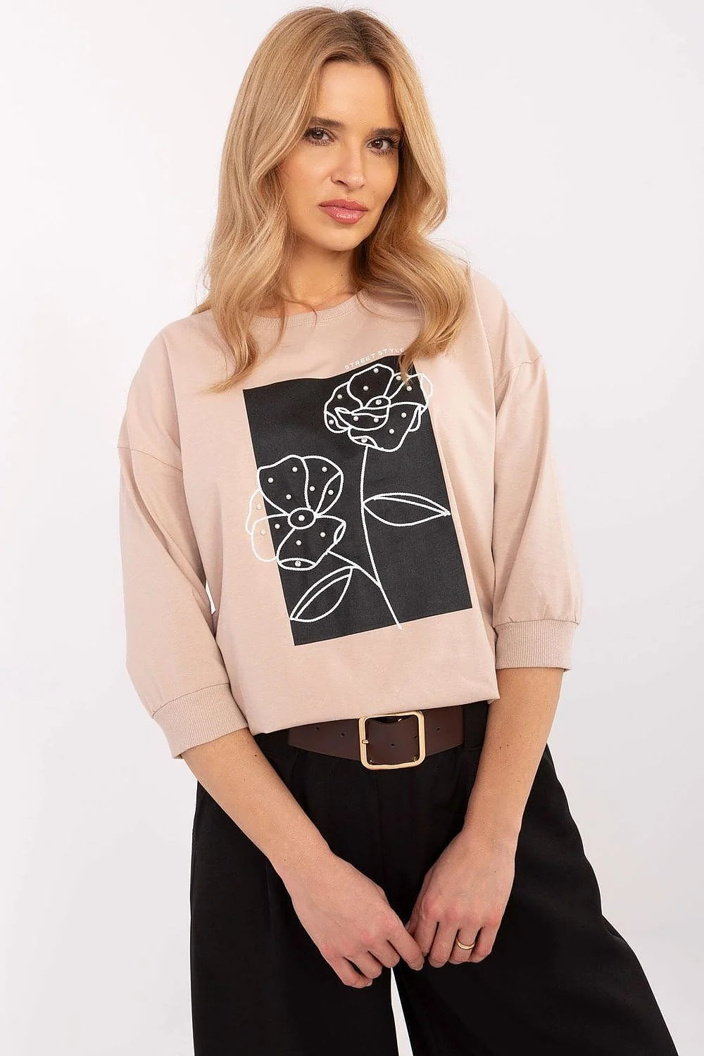 Chemisier Relevance pour femme style décontracté couleur beige clair manches longues coupe ample motif floral minimaliste
