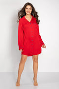 Chemise de nuit élégante pour femme en rouge vif longues manches col V poche poitrine douce viscose