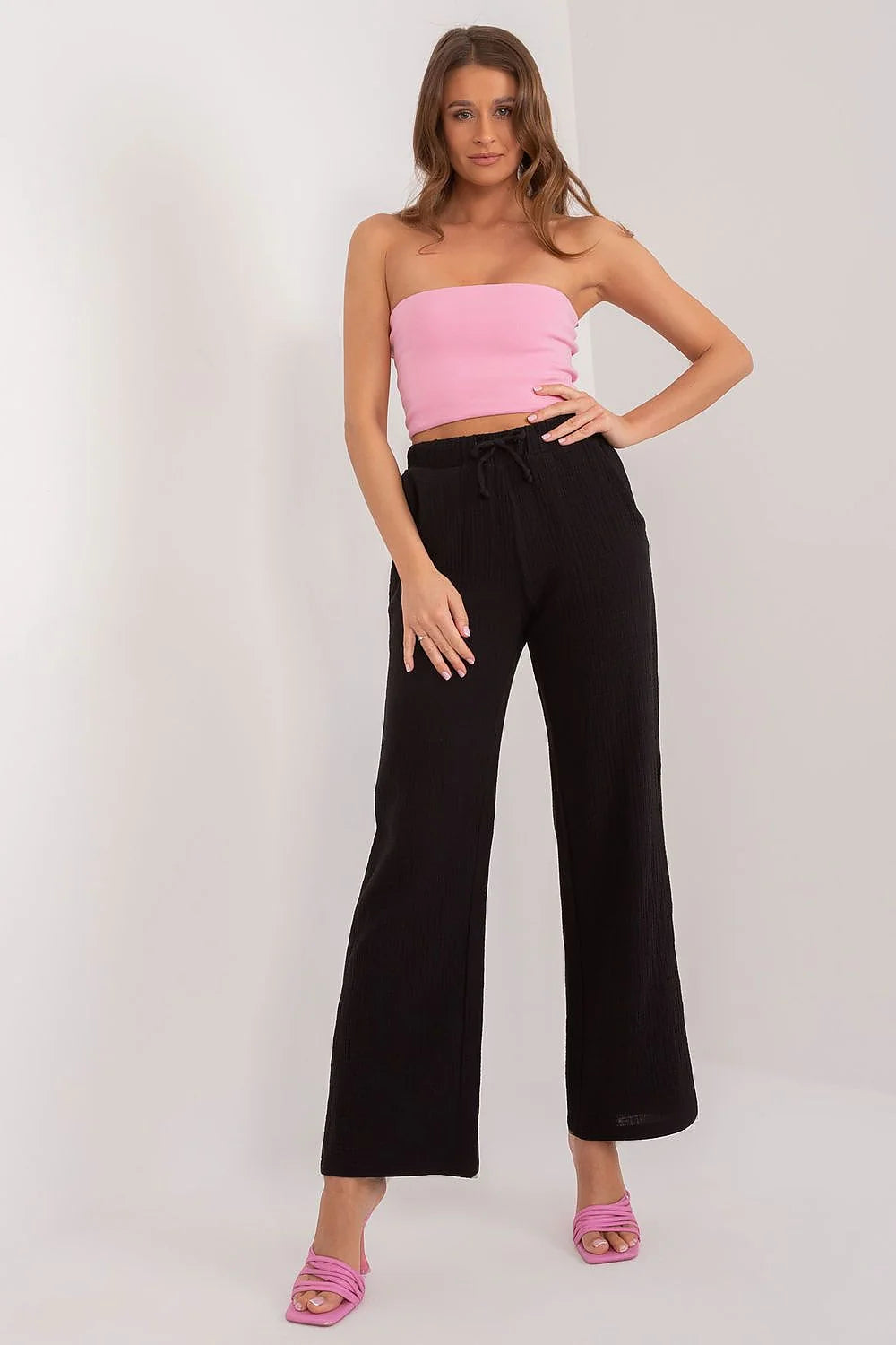 Pantalon femme taille haute mousseline de coton confortable style élégant ceinture élastique cordon ajustement