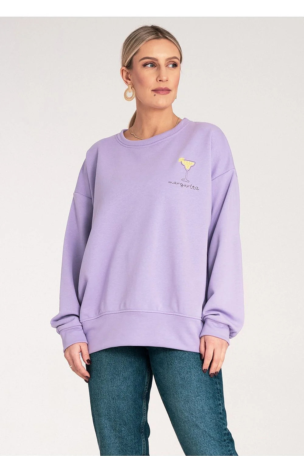 Sweatshirt femme décontracté broderie margarita couleur pastel lavande manches longues coupe ample