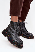 Bottines femme Artiker cuir naturel embossé croco verni lacets fermeture éclair oeillets bride arrière semelle crantée talon bas polyvalentes