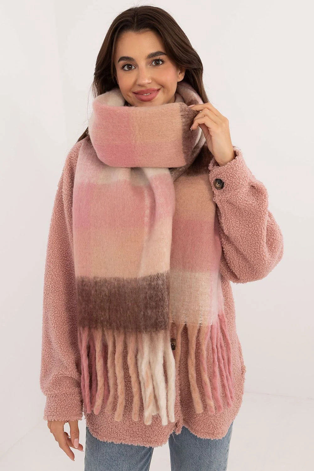 Écharpe et veste en sherpa pour femme, motif dégradé rose, crème et brun, style casual, texture douce