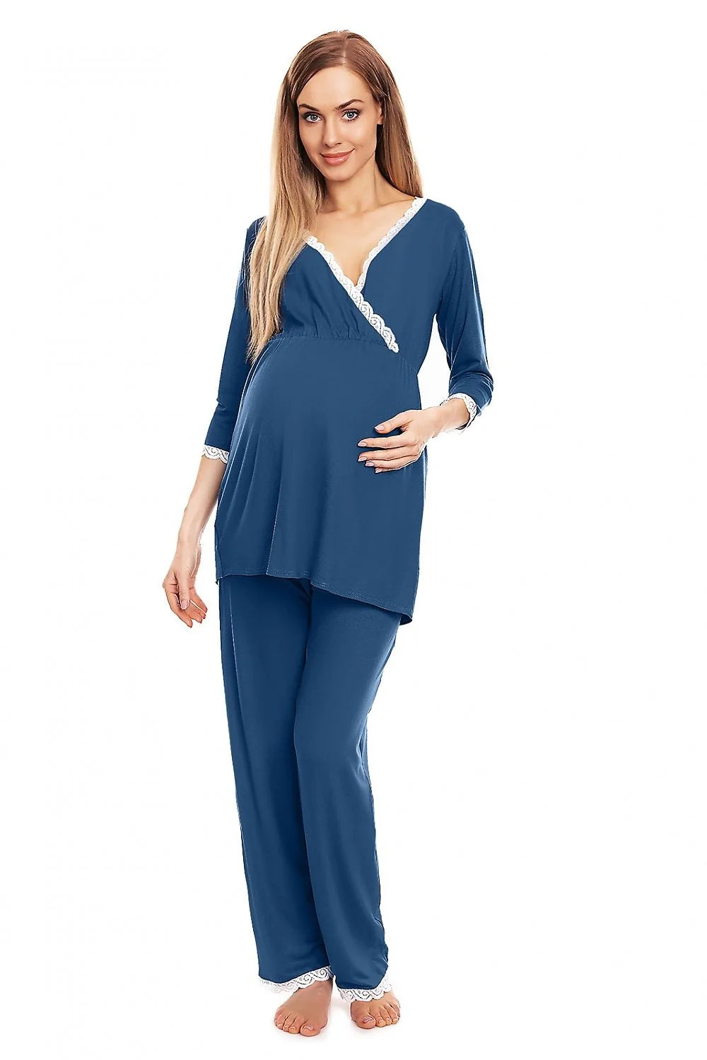 pyjama maternité allaitement cachecoeur dentelle bleu profond confort doux viscose élasthanne chemisier col V manches troisquarts pantalon ample taille élastiquée