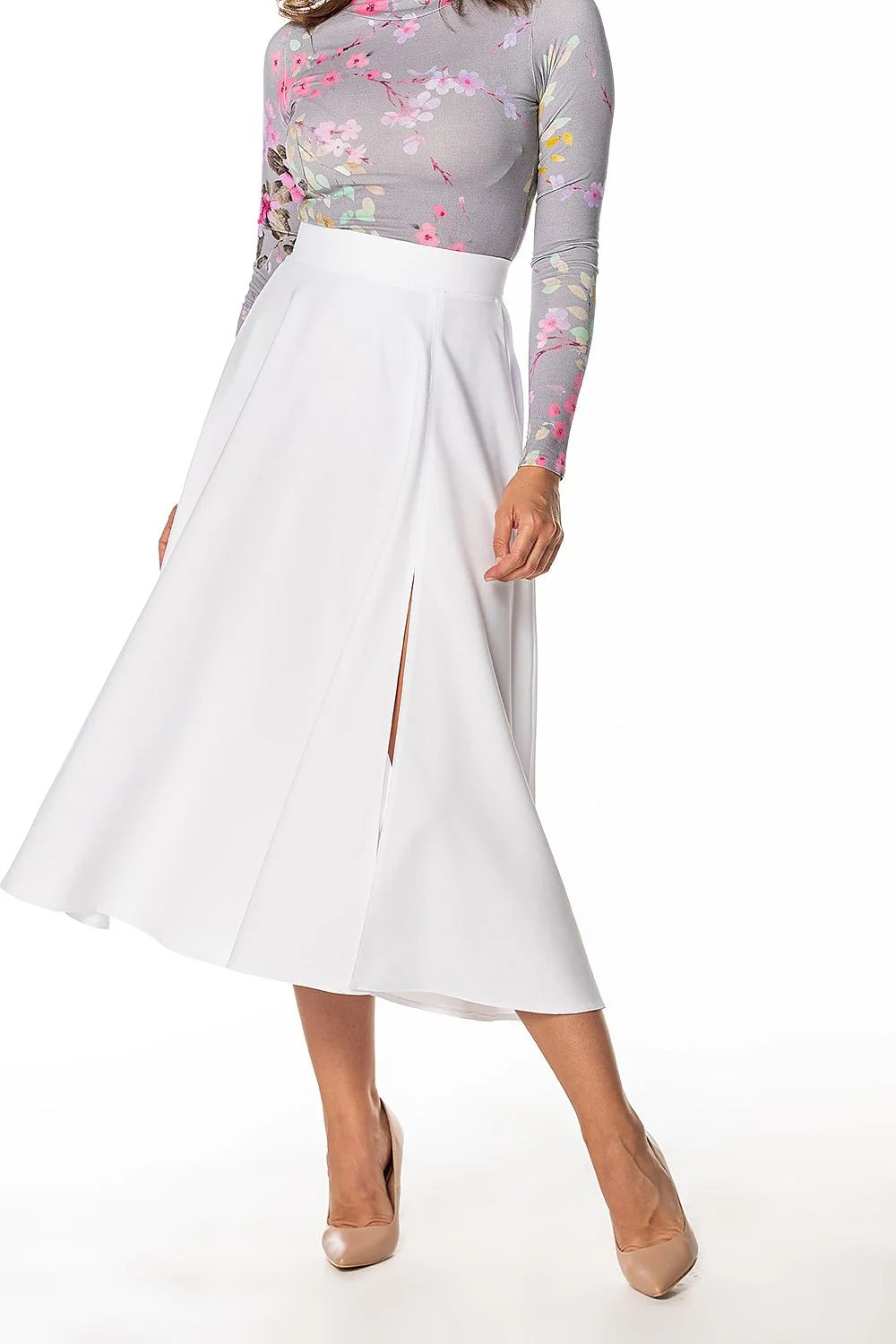 Robe semi-formelle chic à haut floral manches longues jupe midi blanche fente avant taille haute femme