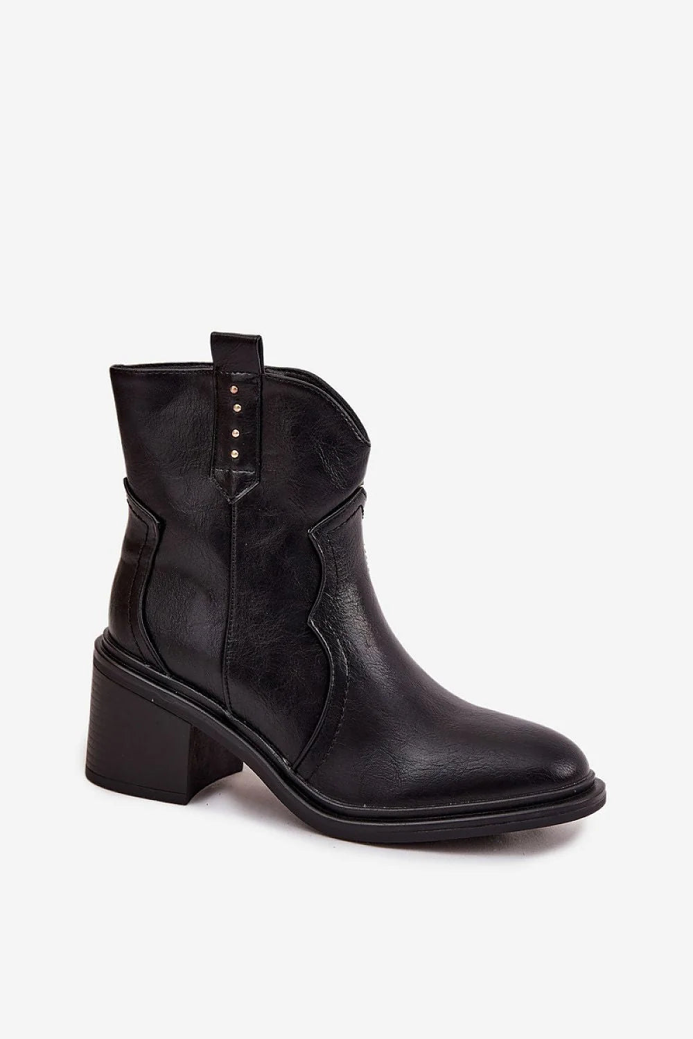 bottines cowboy femme similicuir noir grainé bout pointu talon bloc massif stable fermeture éclair intérieure surpiqûres bride cloutée