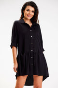 Robe chemise élégante décontractée noire manches mi-longues boutons contrastants matière aérée conçue en Pologne femme