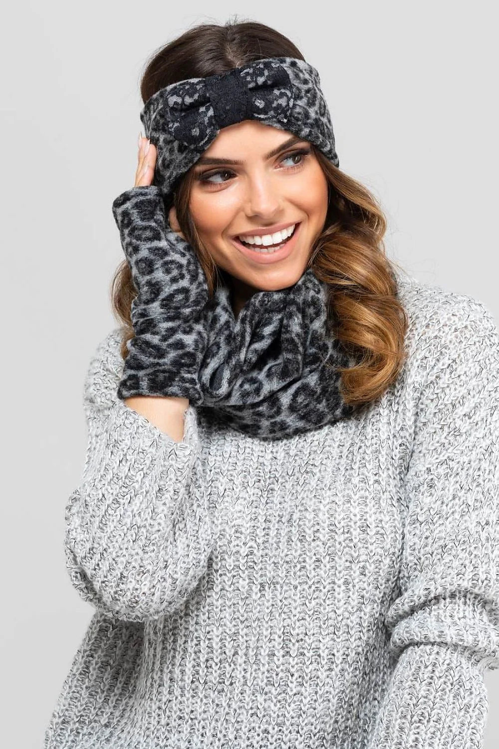 Bandeau Kamea en laine et acrylique motif léopard pour femme, écharpe tubulaire et mitaines assorties, accessoires mode hiver