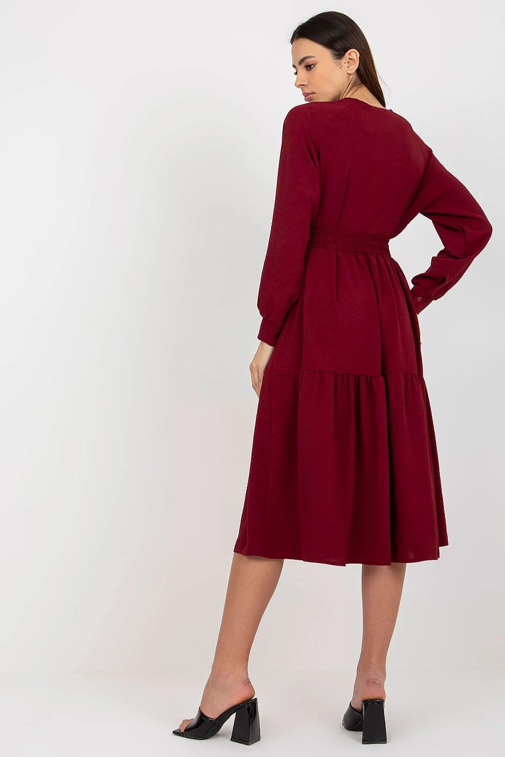 Robe casual femme marron camel V-neck ruffles ceinture longues manches amples coupe fluide mode élégante