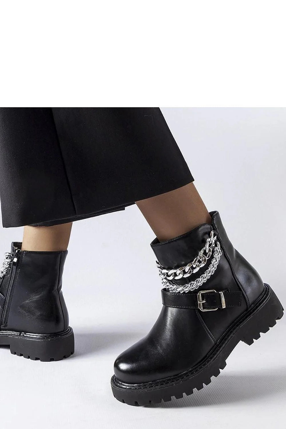 Bottines femmes style audacieux cuir noir chaînes métalliques boucle dorée fermeture éclair semelle épaisse