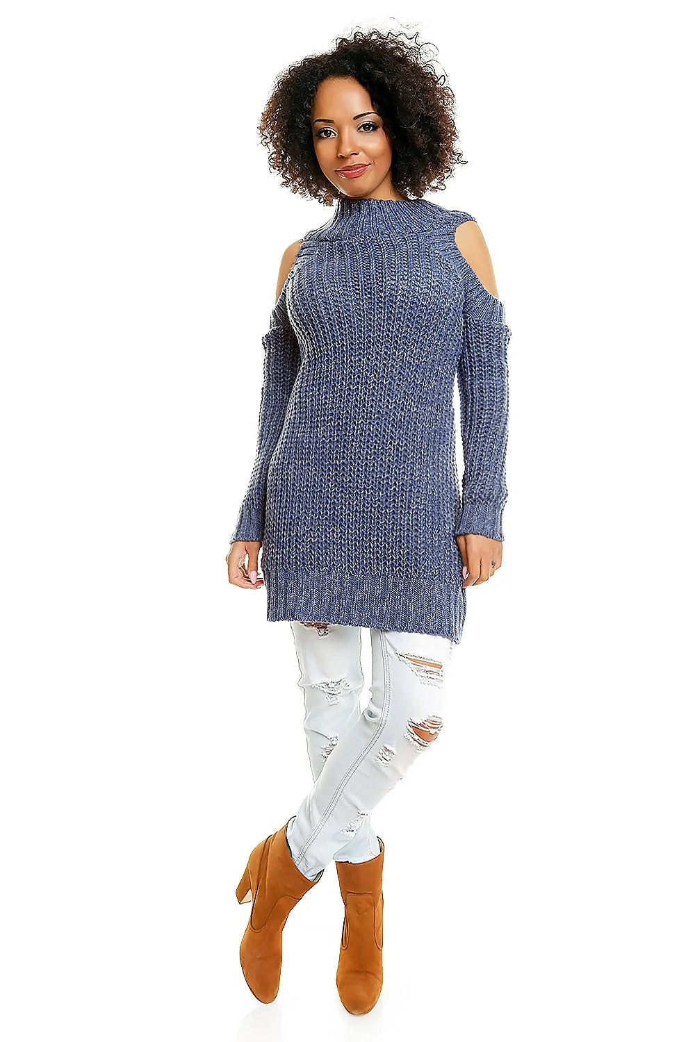 Pull Maille Bleu Clair Épaules Dénudées Chic Confortable Pour Femmes Tendance Hiver Mode Décontractée