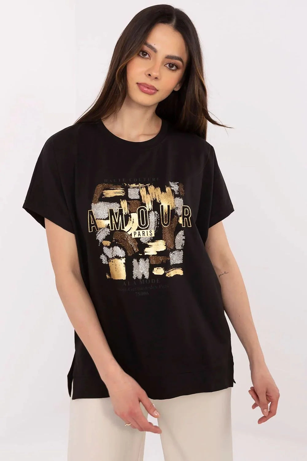 T-shirt femme moderne chic imprimé motifs coups pinceaux métalliques Paris noir coton mélange manches courtes col rond loose casual élégant