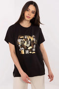 T-shirt femme moderne chic imprimé motifs coups pinceaux métalliques Paris noir coton mélange manches courtes col rond loose casual élégant