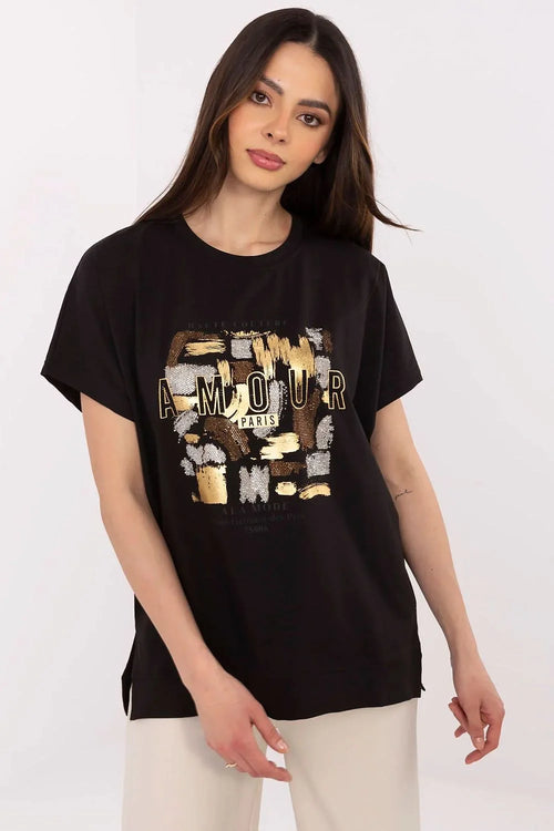 T-shirt femme moderne chic imprimé motifs coups pinceaux métalliques Paris noir coton mélange manches courtes col rond loose casual élégant