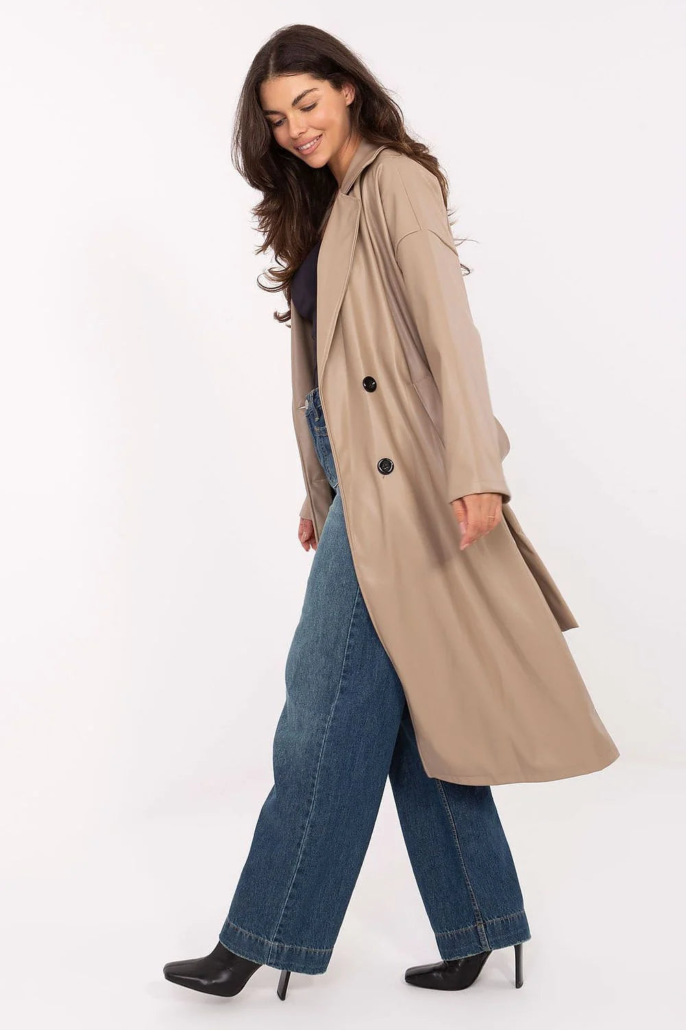 manteau simili cuir femme intemporel décontracté automne hiver printemps lisse élégant mi mollet coupe droite oversize revers poches manches longues