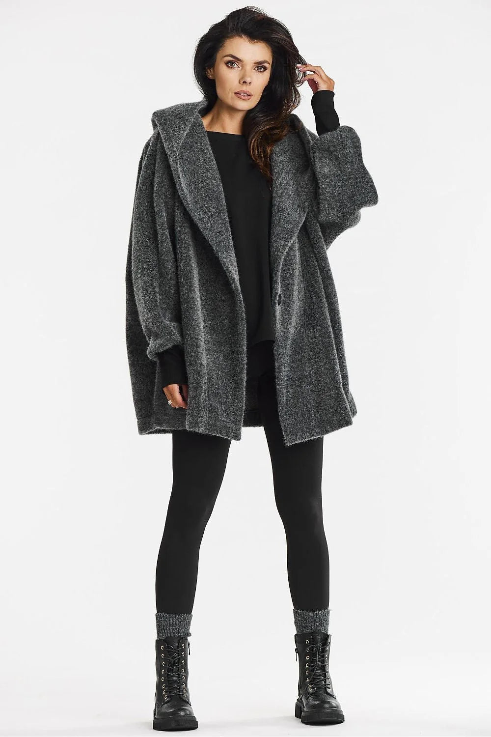 Manteau oversize kimono capuche élégant pour femme couleur gris foncé Awama automne hiver mode moderne femmes
