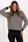 pull femme maille rayé noir blanc ondulé col rond manches longues coupe droite ample bords côtelés doux viscose