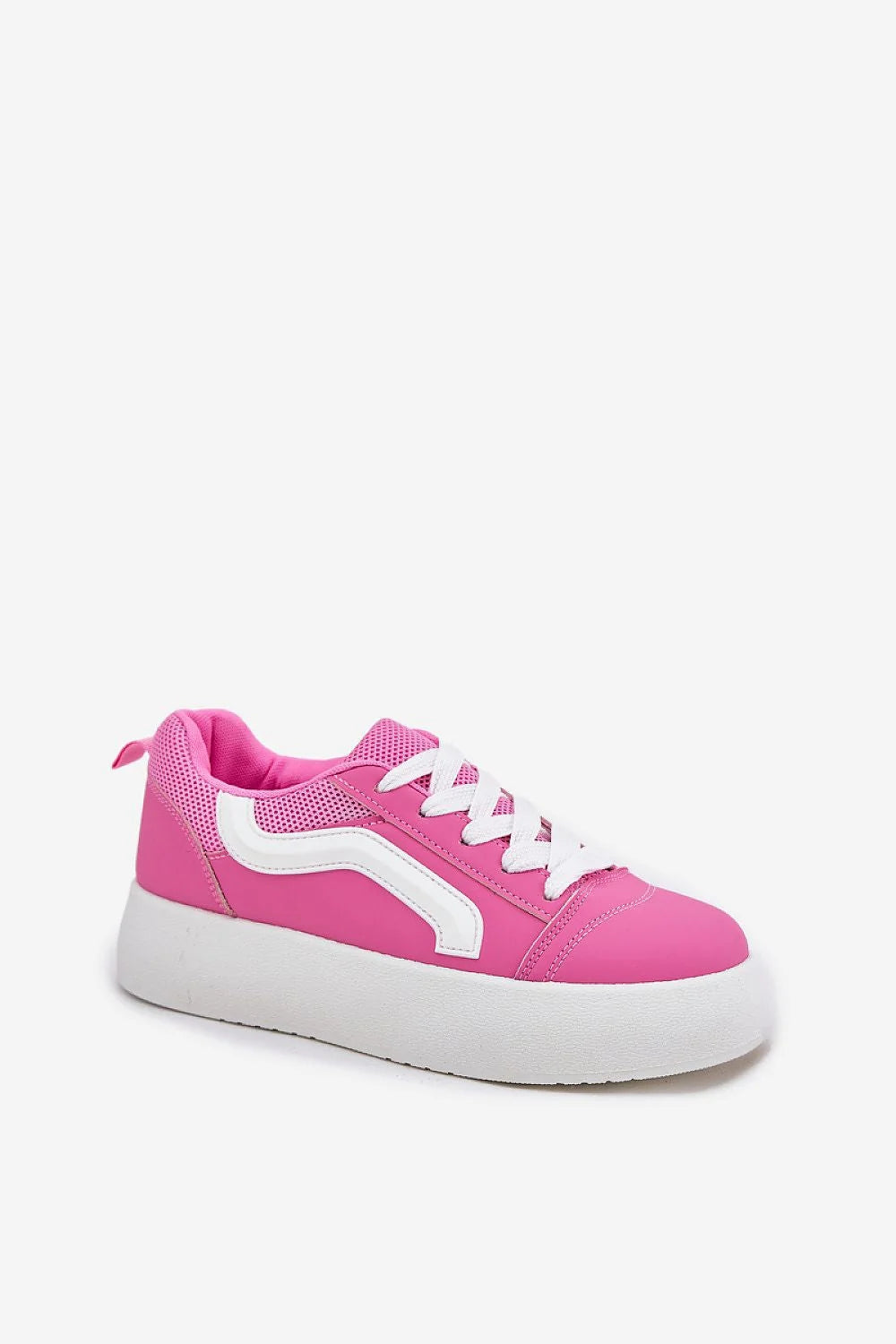 Chaussures de sport modernes pour femmes en simili-cuir rose vif bande wavy blanche semelle épaisse confortable