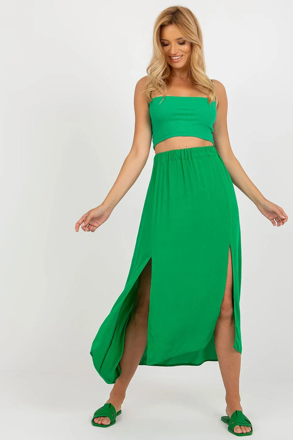 Jupe Rue Paris verte asymétrique en viscose avec ceinture élastique et fentes latérales pour femmes