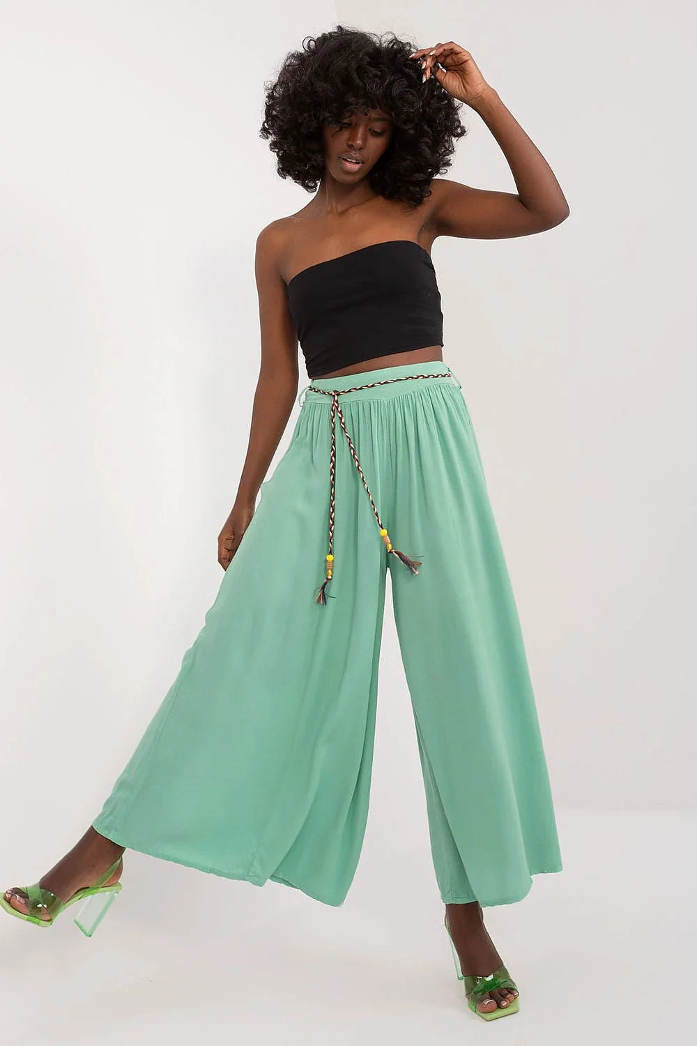 Pantalon femme Och Bella large taille haute ceinture élastique viscose vert menthe style bohème