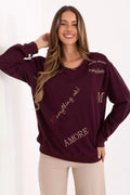 sweatshirt femme oversize bordeaux col V léger manches longues bordcôte molletonné coton polyester broderies dorées sérigraphies casual chic