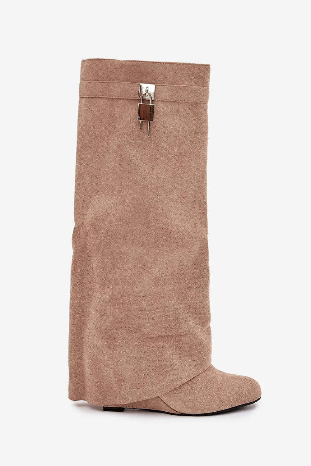 bottes femme suède écologique souple compensé talon9cm tige39cm fermeture éclair repliée ample bout rond semelle plate bijou métallique