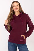 sweatshirt femme molleton coton polyester bordeaux coupe régulière manches longues capuche ajustable cordons épais fuchsia poche kangourou bords côtes poignets