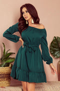 Robe femme coton moderne épaules dénudées élégante verte ajustable manches longues pour occasions spéciales