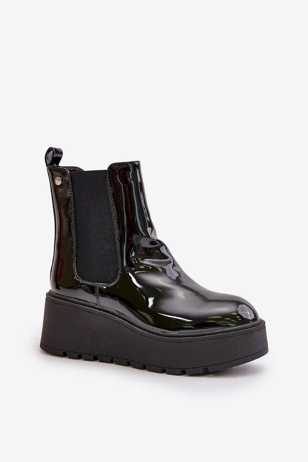 Bottes cothurnes Step in style femmes design moderne élégant cuir artificiel verni noir semelle plateforme talon compensé intérieur fourrure doublure couvre-chaussure