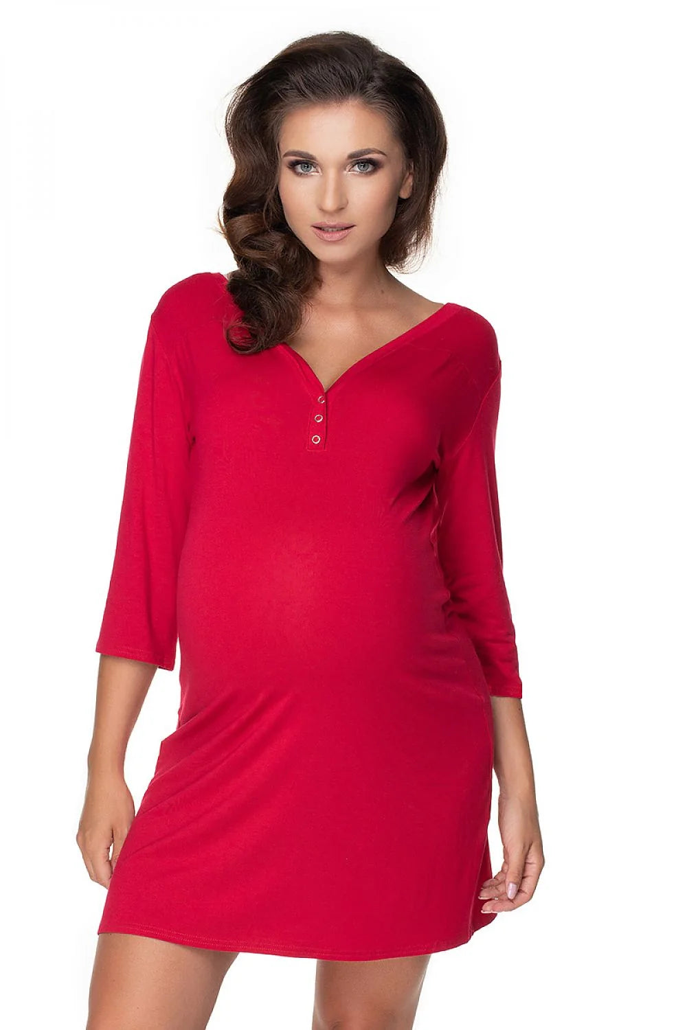 Chemise de nuit maternité coton col en V gris manches trois-quarts confort pour sommeil paisible