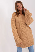 Pull-over femme long col rond manches longues côtelées couleur beige camel texture tricot torsadé