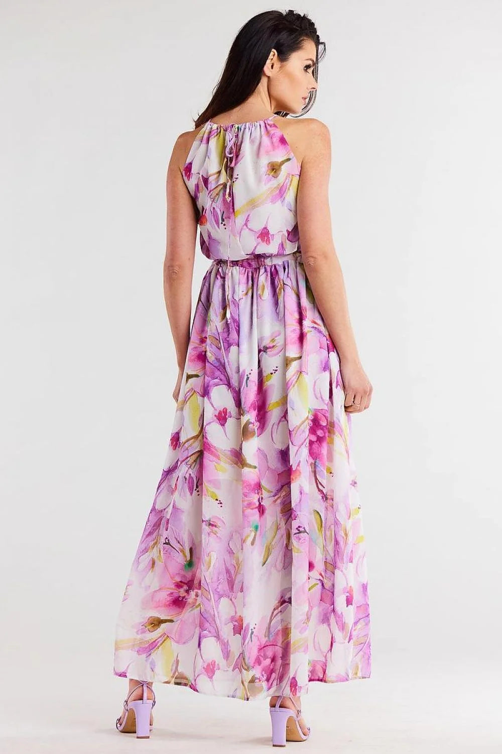 robe longue mousseline légère fluide imprimé floral aquarelle rose lilas taille cintrée lien coulissant bretelles nouées fente centrale asymétrique