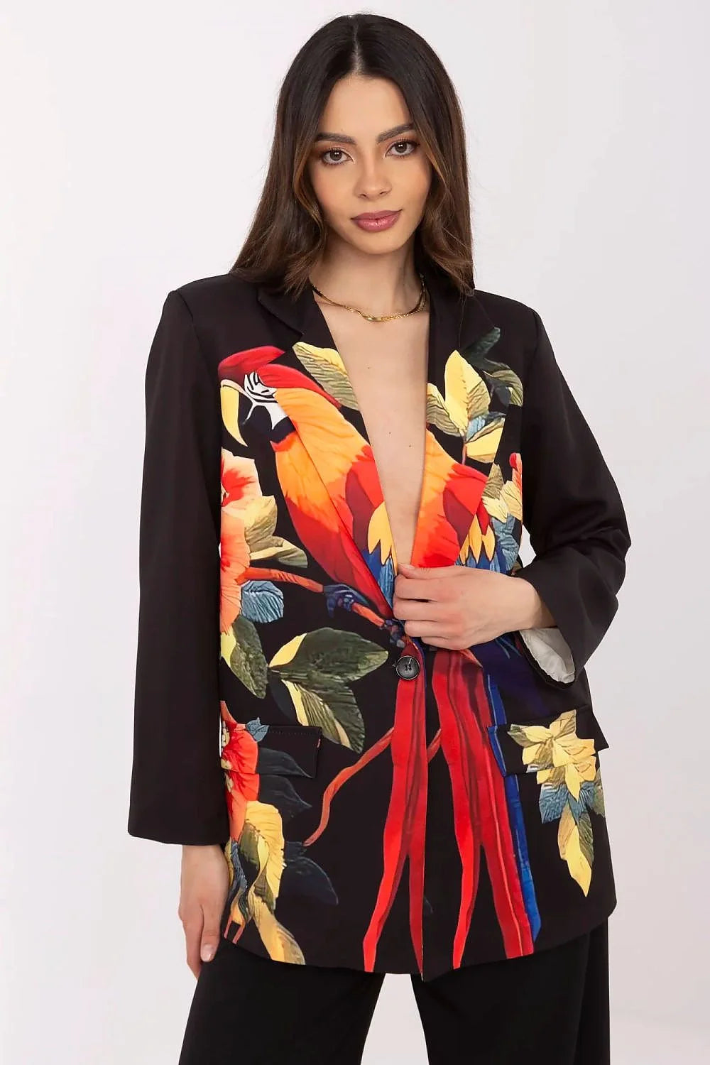Veste Italia Moda femme blazer style audacieux imprimé perroquets feuilles tropicales couleurs vives polyester qualité élevé coupe structurée