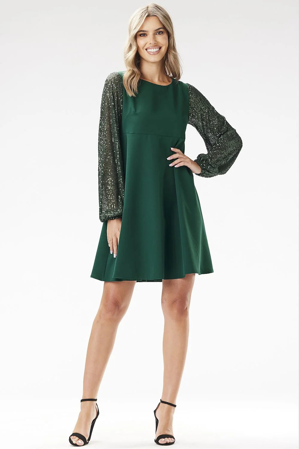 Robe de soirée élégante trapèze mini manches sequins vert forêt corsage ajustable femme Awama