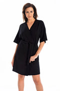 Peignoir femme style kimono viscosé noir longueur genou ceinture V-neck manches larges robe de chambre élégante intemporelle