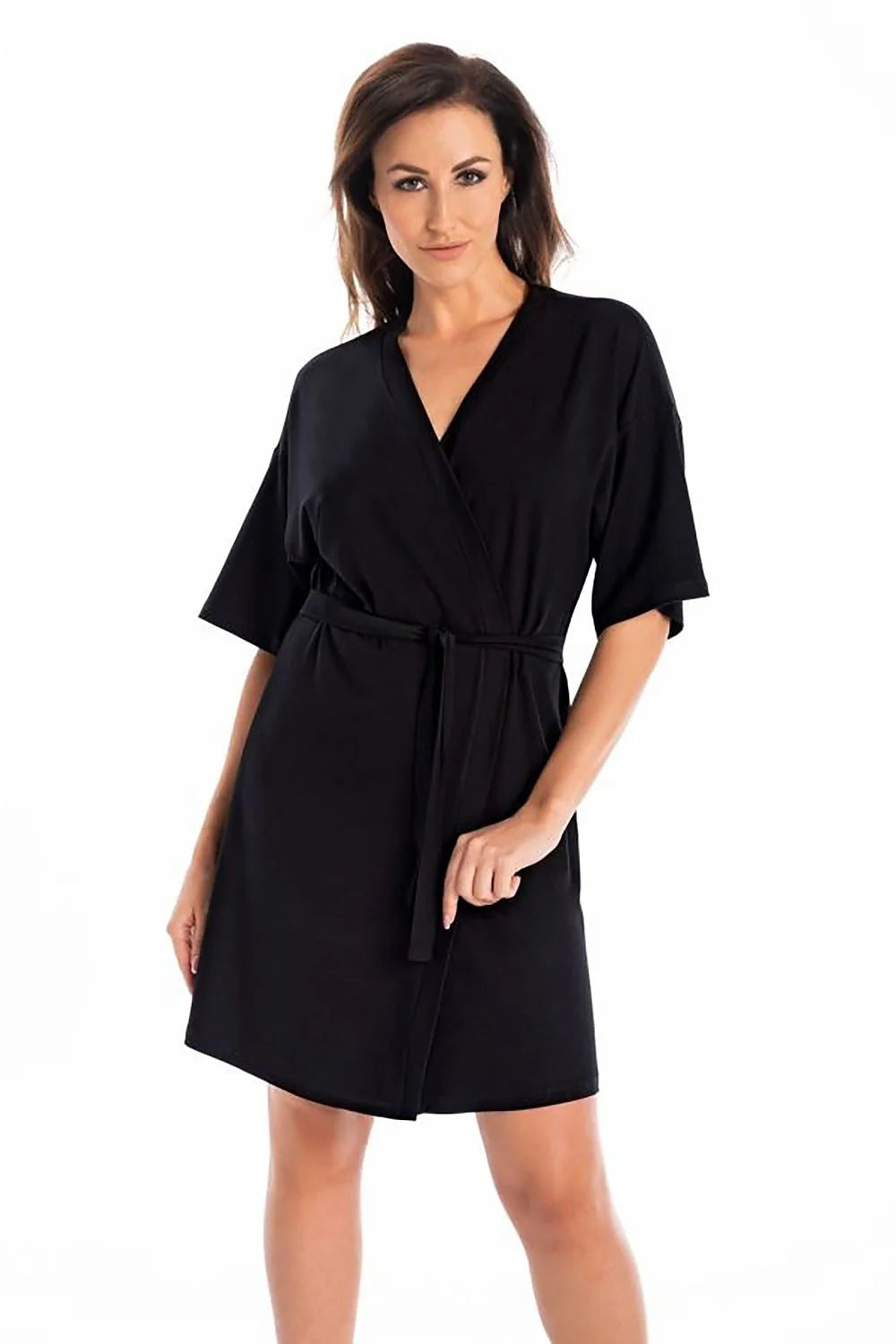 Peignoir femme style kimono viscosé noir longueur genou ceinture V-neck manches larges robe de chambre élégante intemporelle