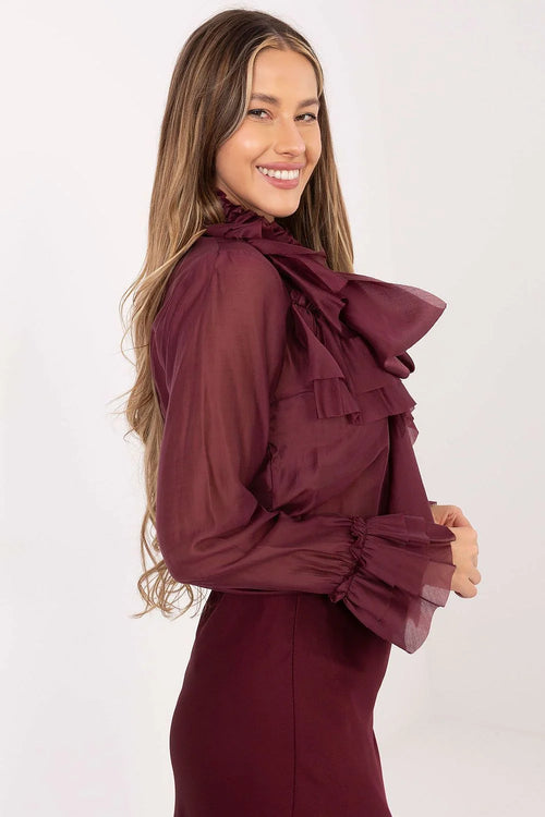blouse femme bordeaux profond col montant froncé smocké lavallière nœud plastron volants manches longues semi transparentes coupe cintrée tencel polyester