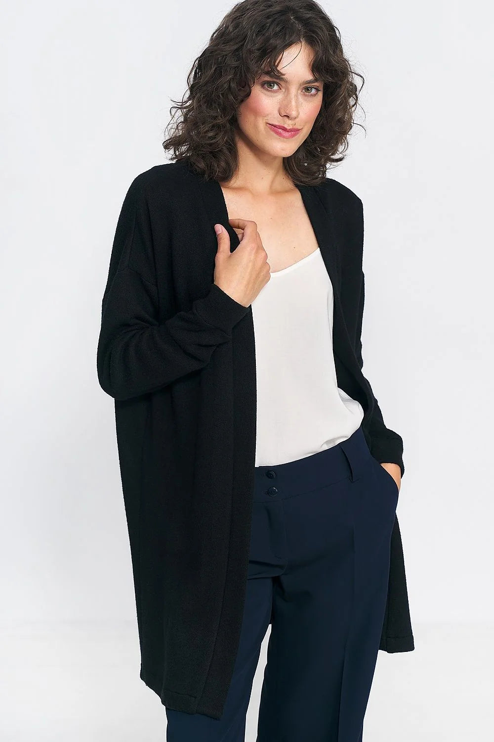 Cardigan noir ouvert en maille douce pour femme, style polyvalent, coupe ample, élasthanne et polyester