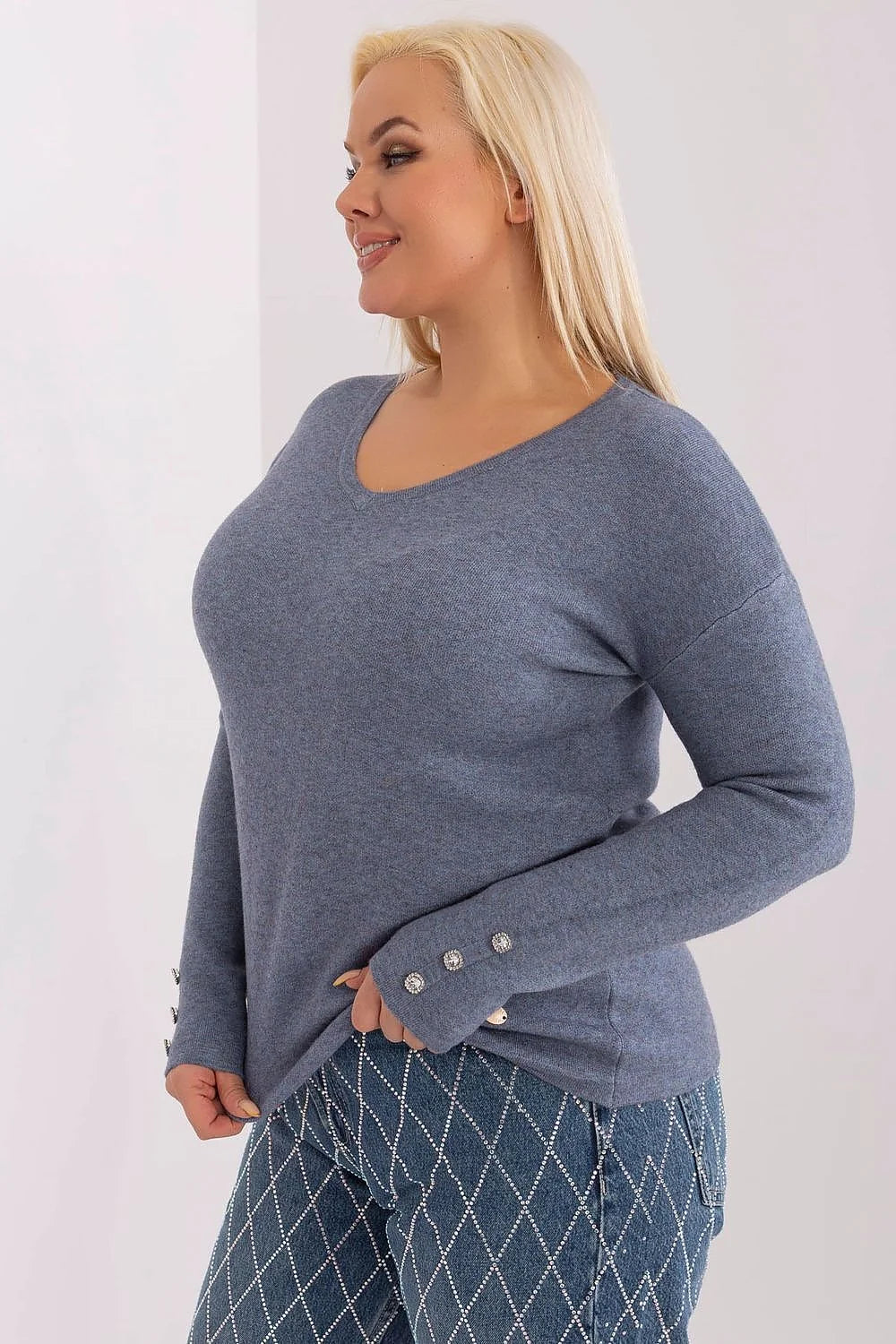 Pull-over femme plus size manches longues boutons décoratifs viscose élégant confortable coupe ajustée bleu gris factory price