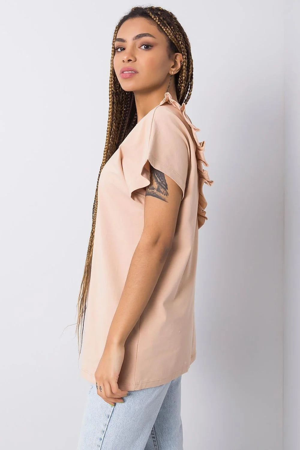Chemisier élégant pour femme en coton 95% lycra 5% coupe ample manches courtes beige pâle sans motifs