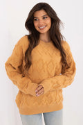pull femme oversize maille texturée col rond manches longues moutarde losanges bouclé côtelées poignets ourlet coupe confortable douce pelucheuse hivernale