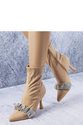 bottines talons stiletto beige cuir souple stretch moulant bout pointu tige cheville scrunch plissé strass argentés fermeture éclair latérale