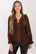chemisier femme marron fluide volants colV dentelle broche dorée manches longues bouffantes poignets ample romantique élégant confortable extensible