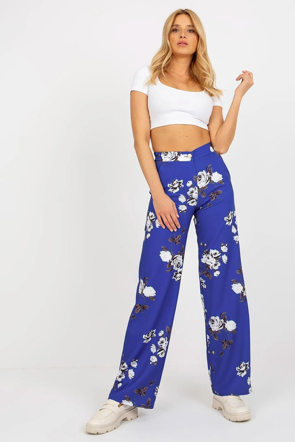 Ensemble femme crop top pantalon large motif floral coton élasthanne polyester taille haute occasion chic