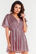 Robe de soirée élégante courte dos nu déchirure manches amples évasée paillettes rose métallique femme