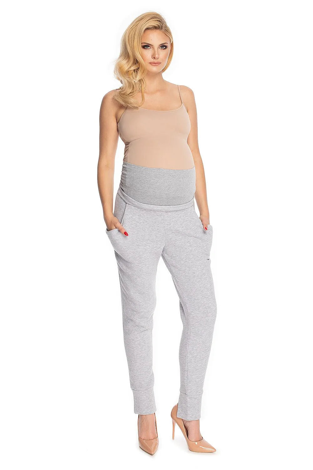 pantalon maternité confortable ceinture élastique bande ventrale haute extensible coupe fuselée chevilles côtelées coton stretch molletonné gris anthracite poches italiennes