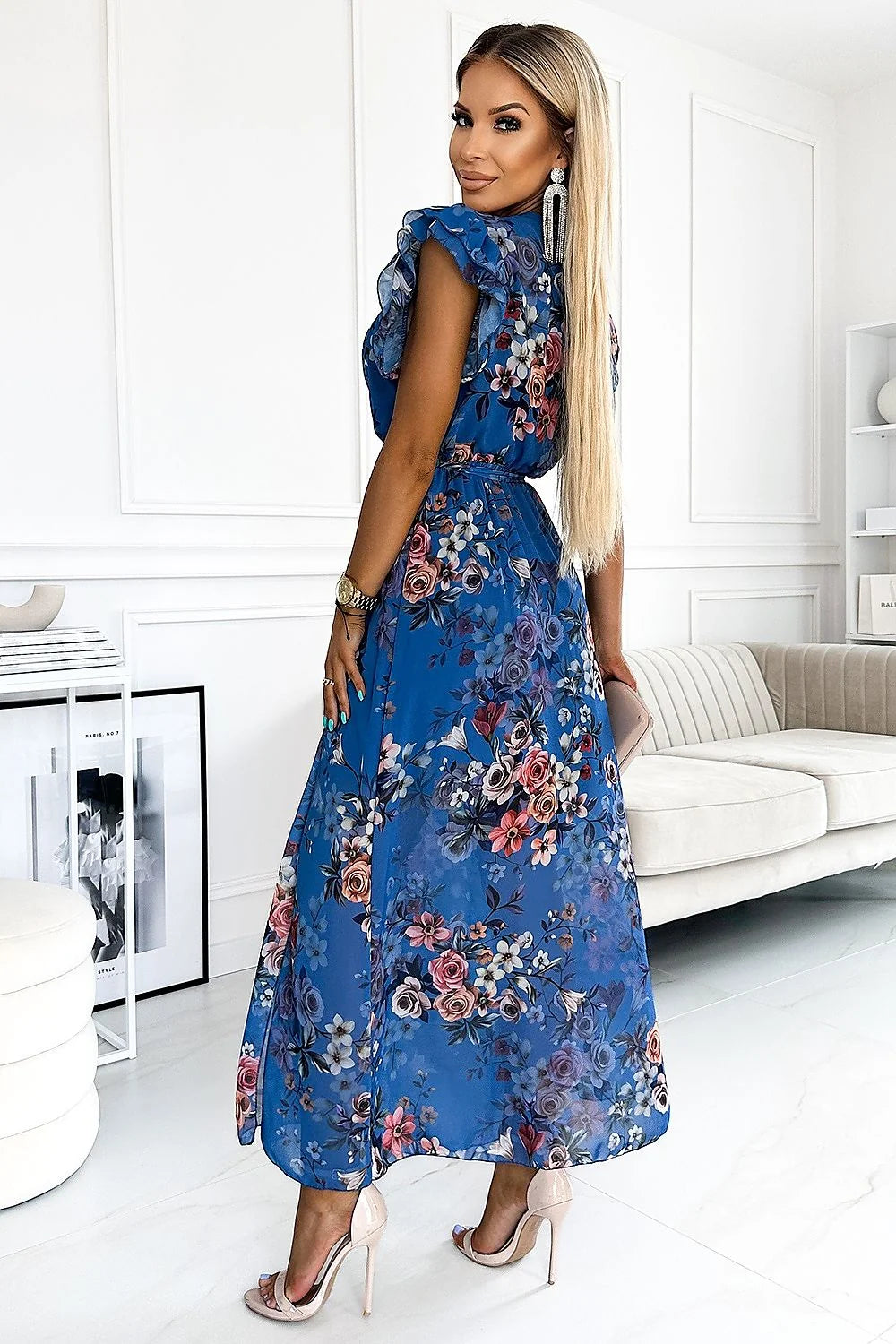 Robe de cocktail élégante longue en mousseline de soie floral bleu manches courtes encolure V ceinture taille ajustable universelle femme