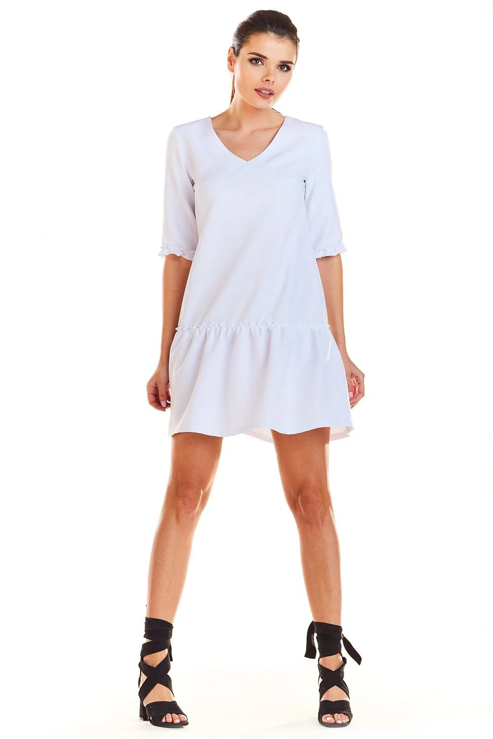Robe polyester décontractée élégante rose vif encolure V manches trois-quarts ourlet volanté pour femmes modernes