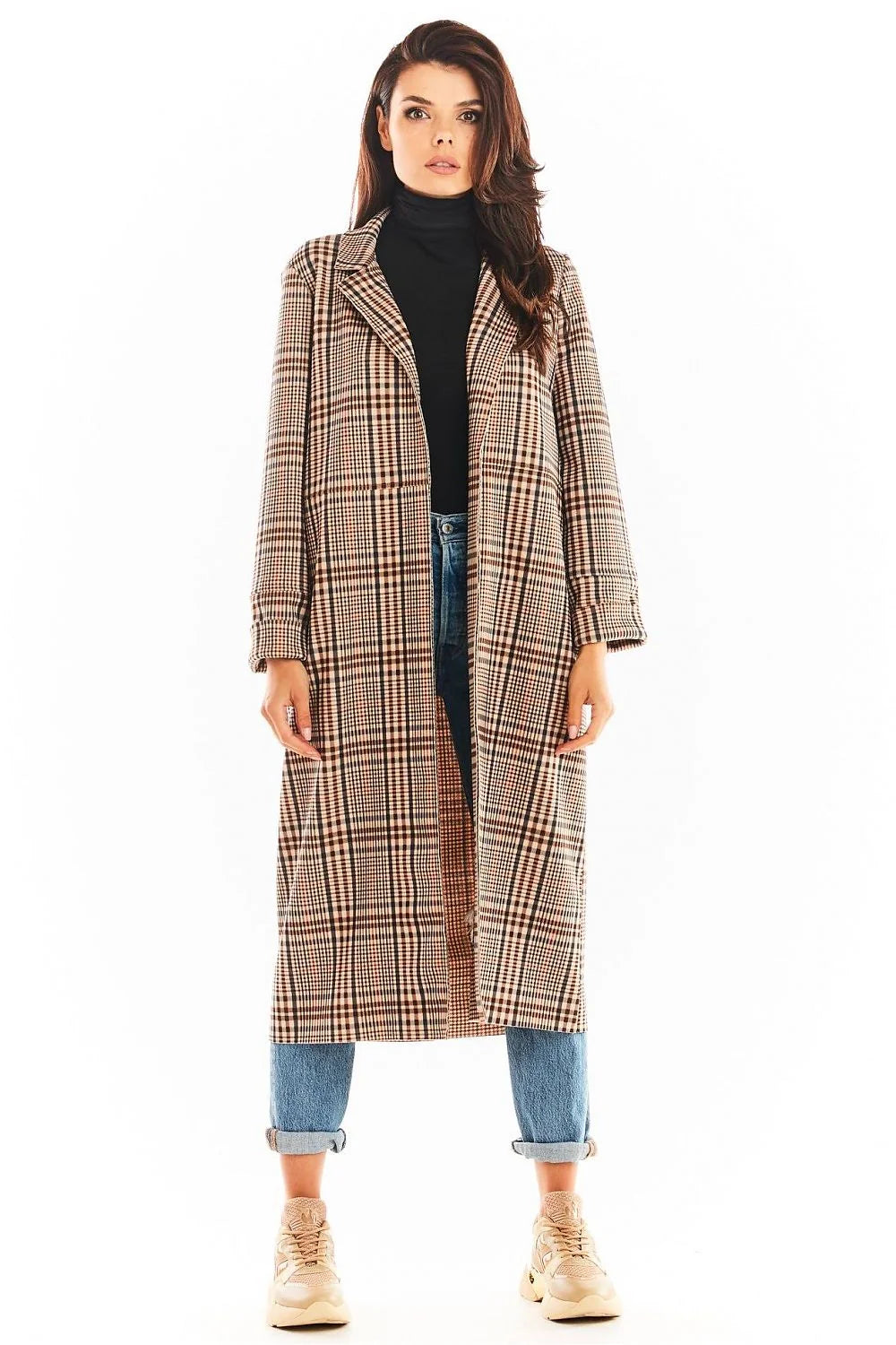 Manteau pour femme élégant classique motif carreaux long double col ceinture manches longues fabriqué en Pologne polyester elasthanne taille S/M L/XL