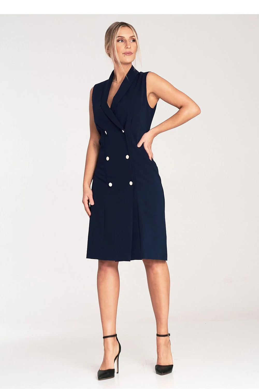Robe de jour élégante sans manches style tailleur col revers double boutonnage robe midi polyester viscose femme